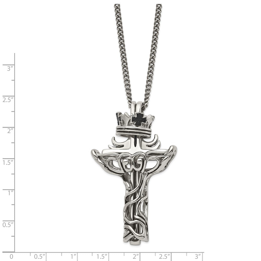 Chisel Stainless Steel Polished and Enameled 2 Piece Cross with Crown Pendant on a 22 inch Curb Chain Necklace