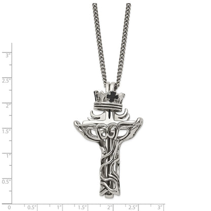 Chisel Stainless Steel Polished and Enameled 2 Piece Cross with Crown Pendant on a 22 inch Curb Chain Necklace