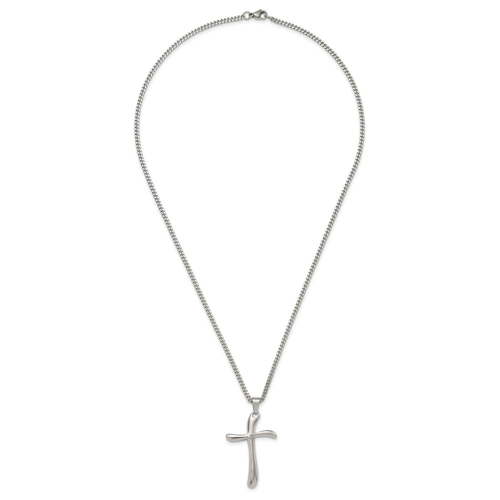 Chisel Stainless Steel Polished Wavy Cross Pendant on a 22 inch Curb Chain Necklace