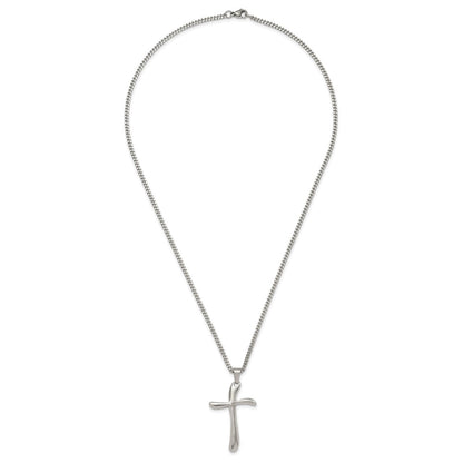 Chisel Stainless Steel Polished Wavy Cross Pendant on a 22 inch Curb Chain Necklace