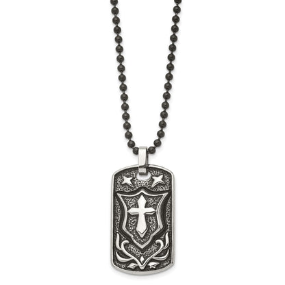 Chisel Stainless Steel Antiqued Polished and Textured Cross Shield Dog Tag on a 24 inch Ball Chain Necklace