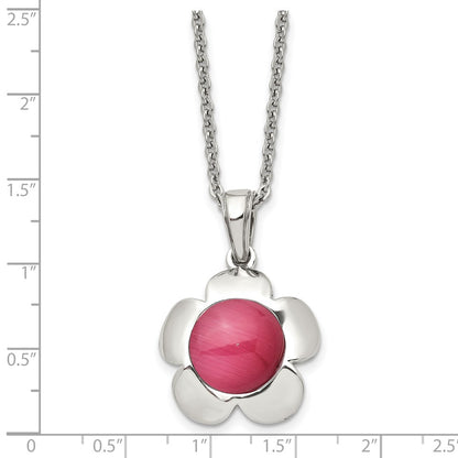Chisel Stainless Steel Polished Flower with Pink Cat's Eye Pendant on an 18 inch Cable Chain Necklace