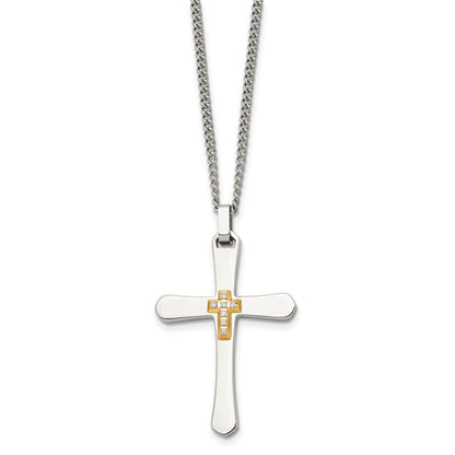 Chisel Stainless Steel Polished with 14k Gold Accent 1/15 carat Diamond Cross Pendant on a 22 inch Curb Chain Necklace