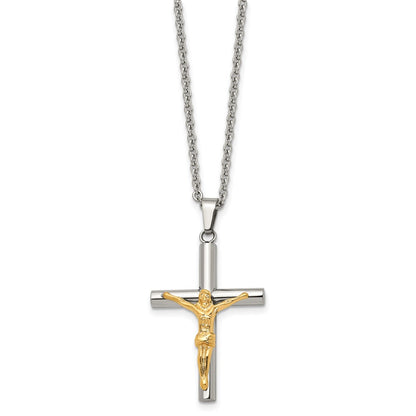 Chisel Stainless Steel Polished Yellow IP-plated Crucifix Pendant on a 20 inch Cable Chain Necklace