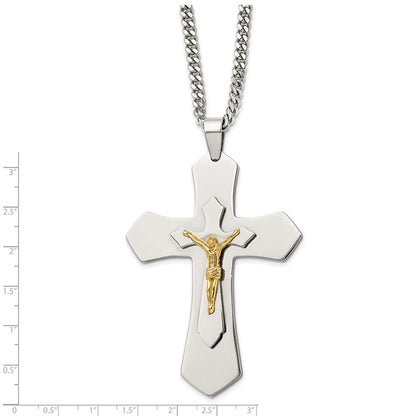 Chisel Stainless Steel Polished Yellow IP-plated Large Crucifix Pendant on a 24 inch Curb Chain Necklace