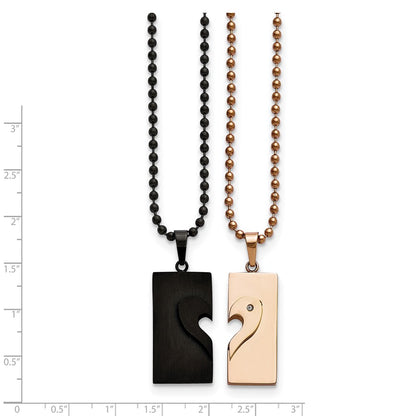 Chisel Stainless Steel Polished Black and Rose IP-plated Heart Pendants on 22 inch Ball Chain Necklace Set