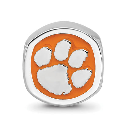 Sterling Silver Rhodium-plated LogoArt Clemson University Tiger Paw Enameled Bead