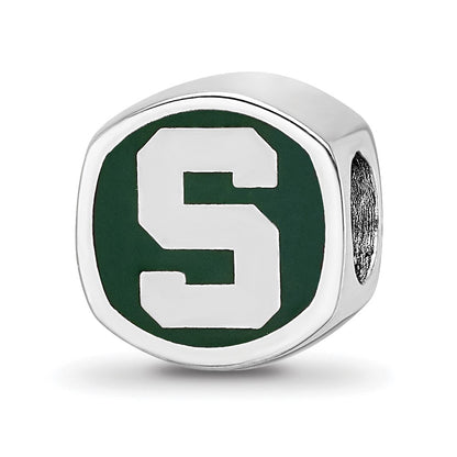 Sterling Silver Rhodium-plated LogoArt Michigan State University Enameled Double Logo Bead