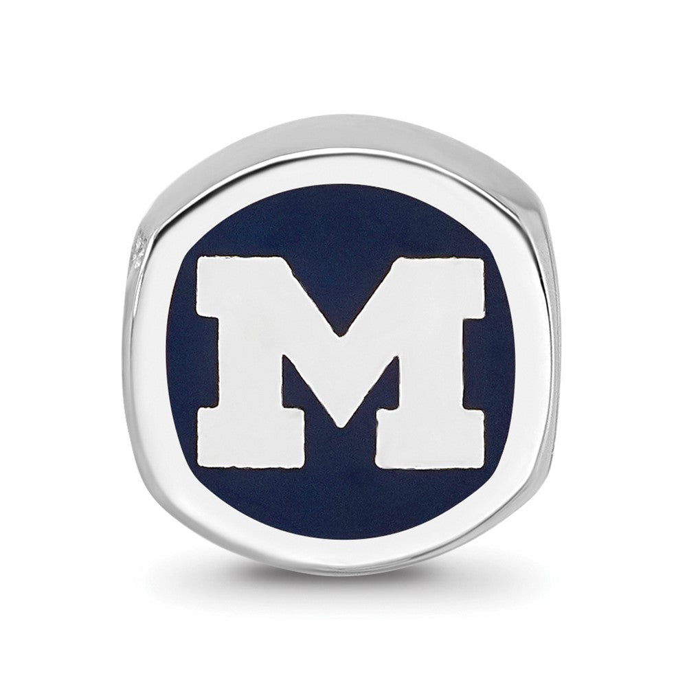 Sterling Silver Rhodium-plated LogoArt University of Michigan Double Logo Blue Enameled Bead