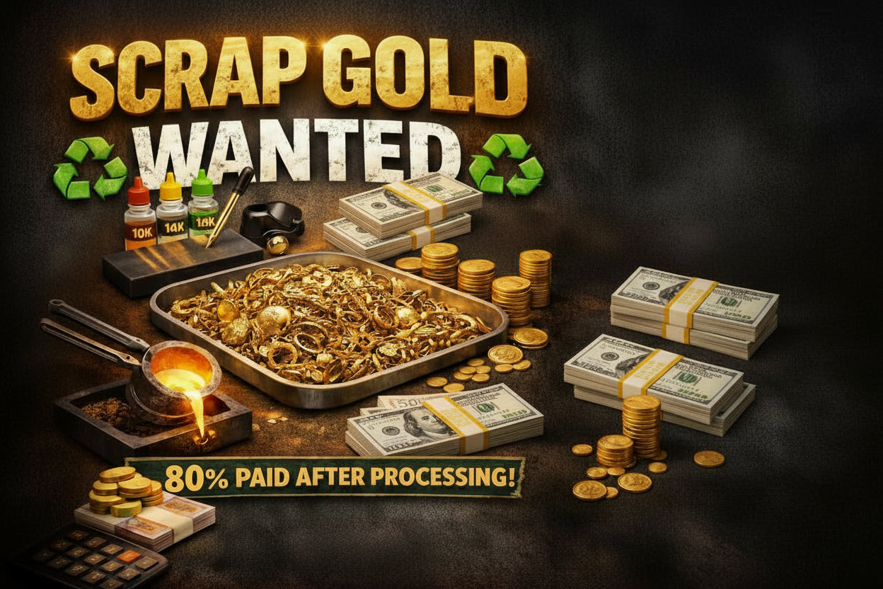 Promotional poster for scrap gold collection with gold items and Fortuna Jewellery branding.