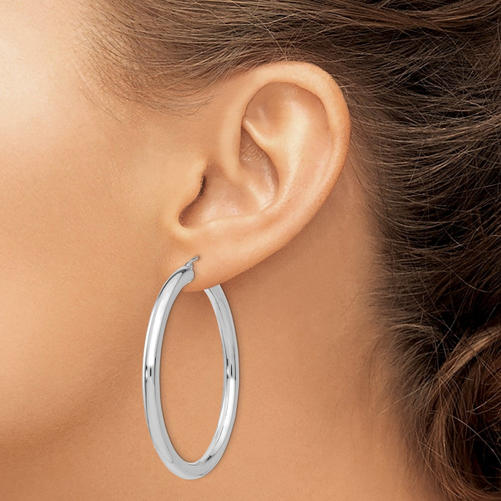 10k White Gold 4mm x 50mm Tube Hoop Earrings