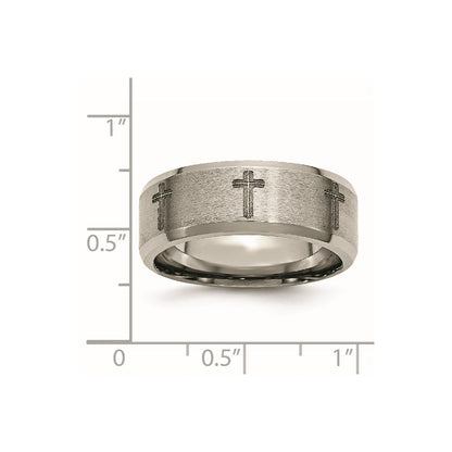 Chisel Titanium Brushed and Polished Masonic Laser Design 8mm Beveled Edge Band