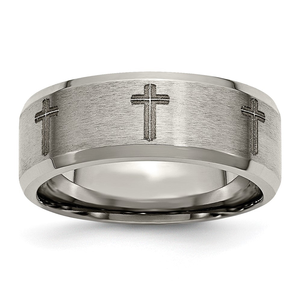 Chisel Titanium Brushed and Polished Masonic Laser Design 8mm Beveled Edge Band