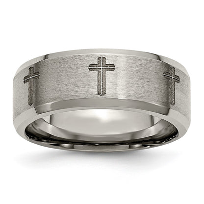 Chisel Titanium Brushed and Polished Masonic Laser Design 8mm Beveled Edge Band