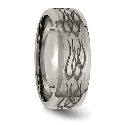 Chisel Titanium Brushed and Polished Flames Laser Design 8mm Beveled Edge Band