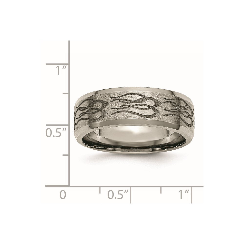 Chisel Titanium Brushed and Polished Flames Laser Design 8mm Beveled Edge Band