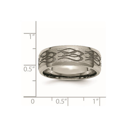 Chisel Titanium Brushed and Polished Flames Laser Design 8mm Beveled Edge Band