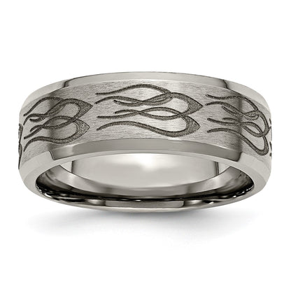 Chisel Titanium Brushed and Polished Flames Laser Design 8mm Beveled Edge Band