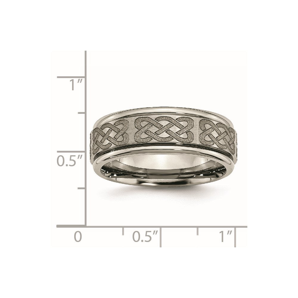 Chisel Titanium Brushed and Polished Celtic Laser Design 8mm Ridged Edge Band