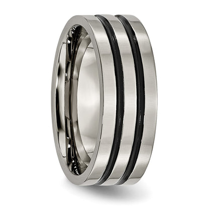 Chisel Titanium Polished Black Enamel Grooved 8mm Flat Band