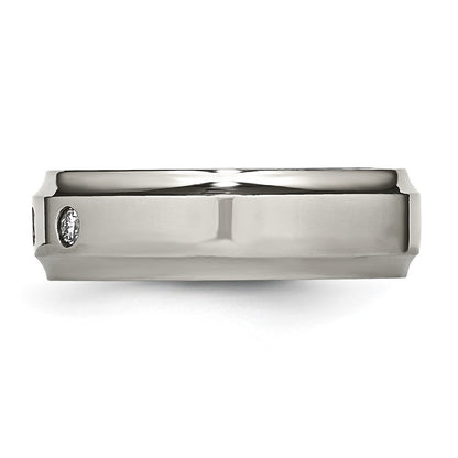 Chisel Titanium Polished 1/5 Carat Diamond Ridged Edge 7mm Band