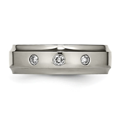 Chisel Titanium Polished 1/5 Carat Diamond Ridged Edge 7mm Band
