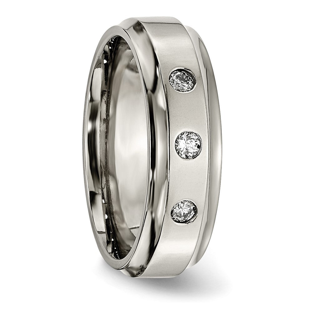 Chisel Titanium Polished 1/5 Carat Diamond Ridged Edge 7mm Band
