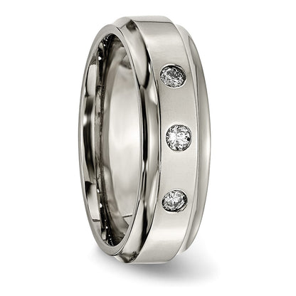 Chisel Titanium Polished 1/5 Carat Diamond Ridged Edge 7mm Band