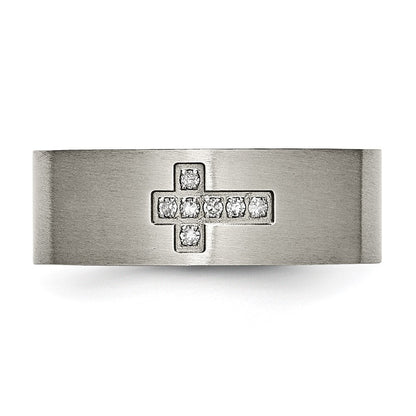 Chisel Titanium Brushed 1/15 Carat Diamond Cross 8mm Flat Band
