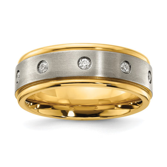Chisel Titanium Polished with Brushed Center Yellow IP-plated CZ 8.00mm Band