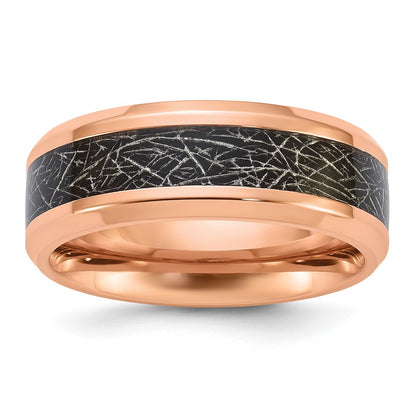Chisel Titanium Polished Rose IP-plated Synthetic Leather Inlay in Clear Epoxy 8mm Band