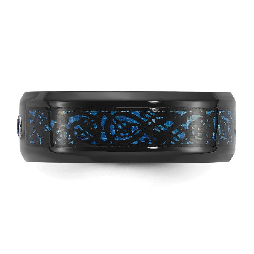 Chisel Titanium Polished Black and Blue IP-plated with Blue CZ Carbon Fiber Inlay in Clear Epoxy 8mm Band