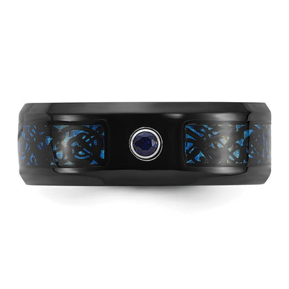 Chisel Titanium Polished Black and Blue IP-plated with Blue CZ Carbon Fiber Inlay in Clear Epoxy 8mm Band
