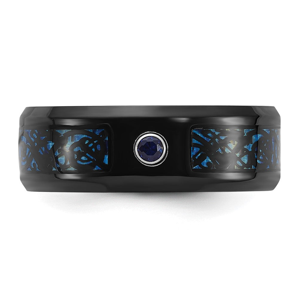 Chisel Titanium Polished Black and Blue IP-plated with Blue CZ Carbon Fiber Inlay in Clear Epoxy 8mm Band