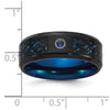 Chisel Titanium Polished Black and Blue IP-plated with Blue CZ Carbon Fiber Inlay in Clear Epoxy 8mm Band