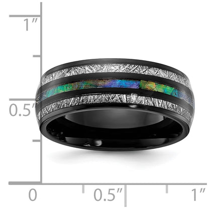 Chisel Titanium Polished Black IP-plated with Abalone and Imitation Meteorite Inlay 8mm Band