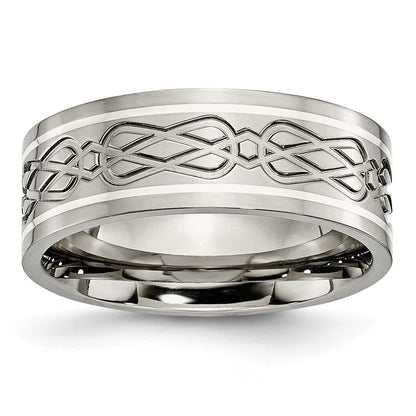 Chisel Titanium Polished with Sterling Silver Inlay Celtic Knot 8mm Flat Band