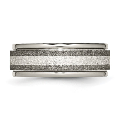 Chisel Titanium Polished with Sterling Silver Inlay Stone Finish Center Grooved Band