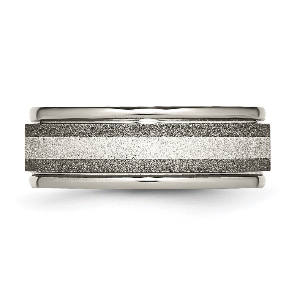 Chisel Titanium Polished with Sterling Silver Inlay Stone Finish Center Grooved Band
