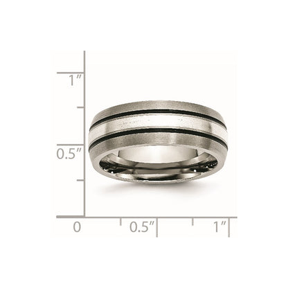 Titanium Grooved Sterling Silver Inlay 8mm Brushed/Antiqued Band