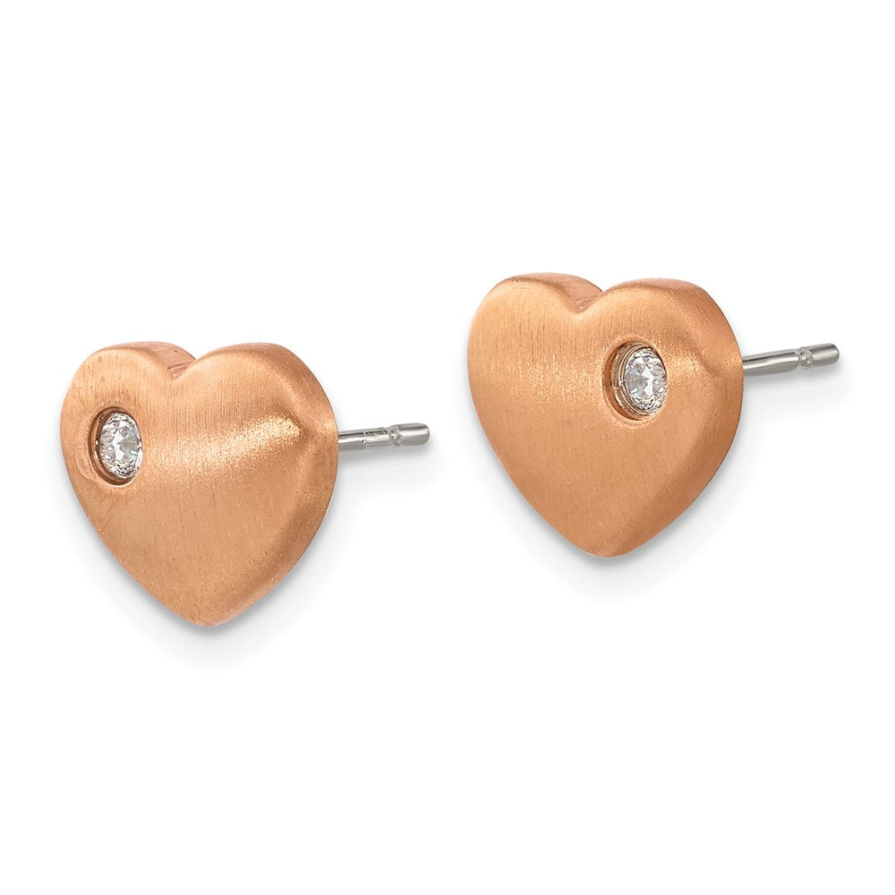 Chisel Titanium Brushed Rose IP-plated with CZ Heart Post Earrings