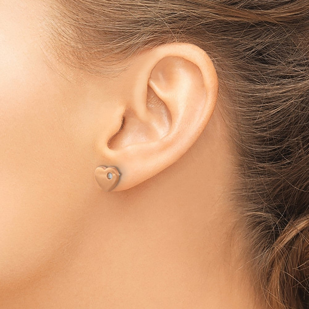 Chisel Titanium Brushed Rose IP-plated with CZ Heart Post Earrings