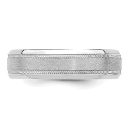 14k White Gold 6mm Standard Weight Comfort Fit Brushed Satin/Polished Milgrain Grooved Edge Wedding Band Size 9
