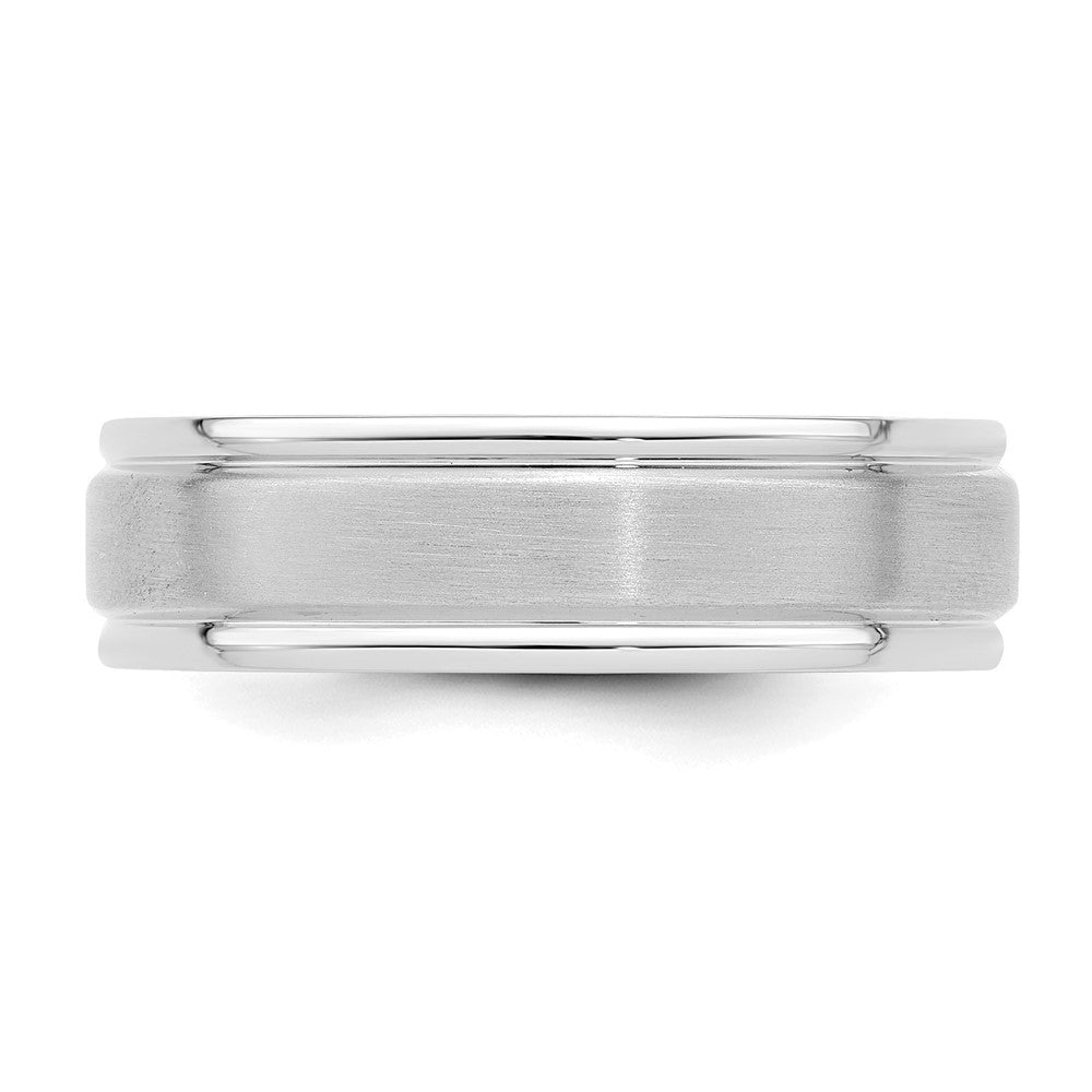 14k White Gold 6mm Standard Weight Comfort Fit Brushed Satin/Polished Grooved Edge Wedding Band Size 8