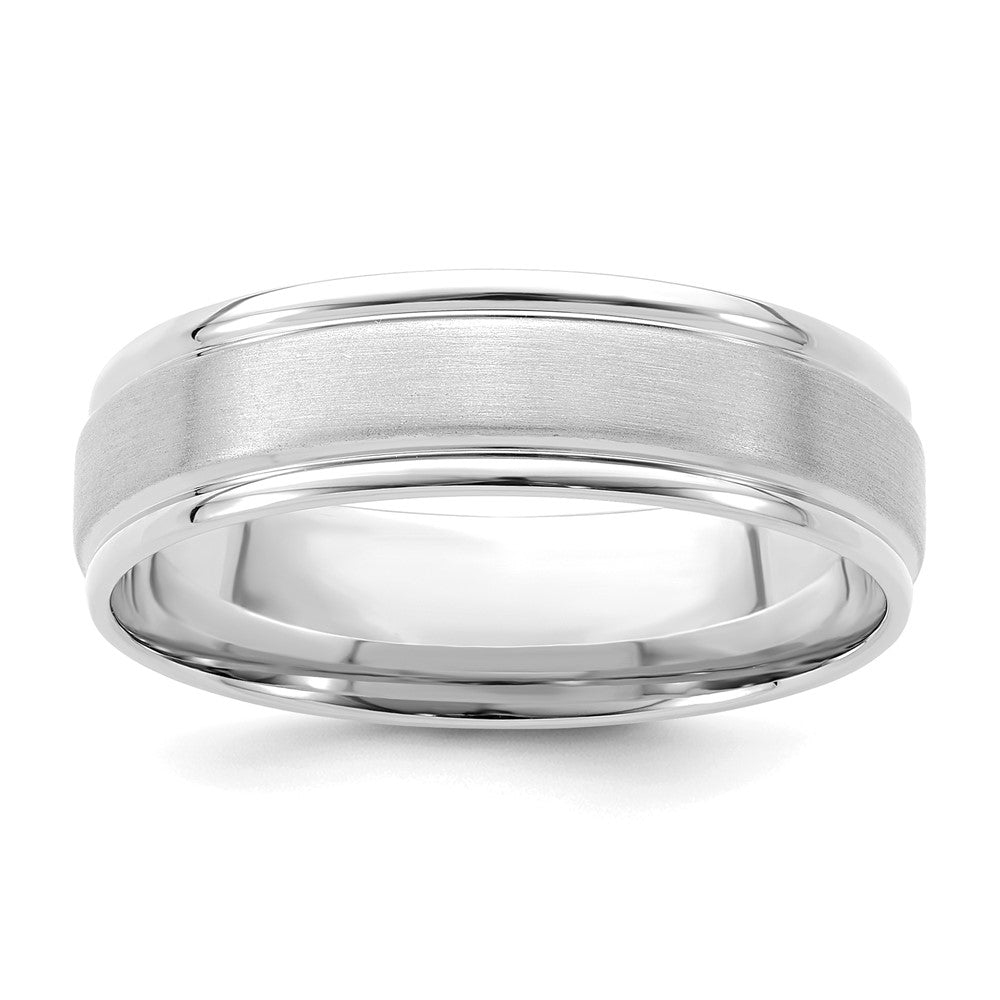 14k White Gold 6mm Lightweight Comfort Fit Brushed Satin/Polished Grooved Edge Wedding Band Size 10