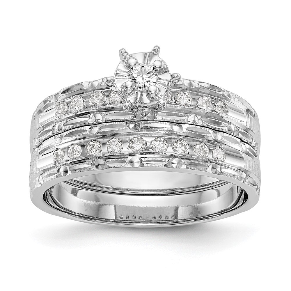 14k White Gold AA Quality 1/8 carat Diamond Trio Complete Engagement Ring