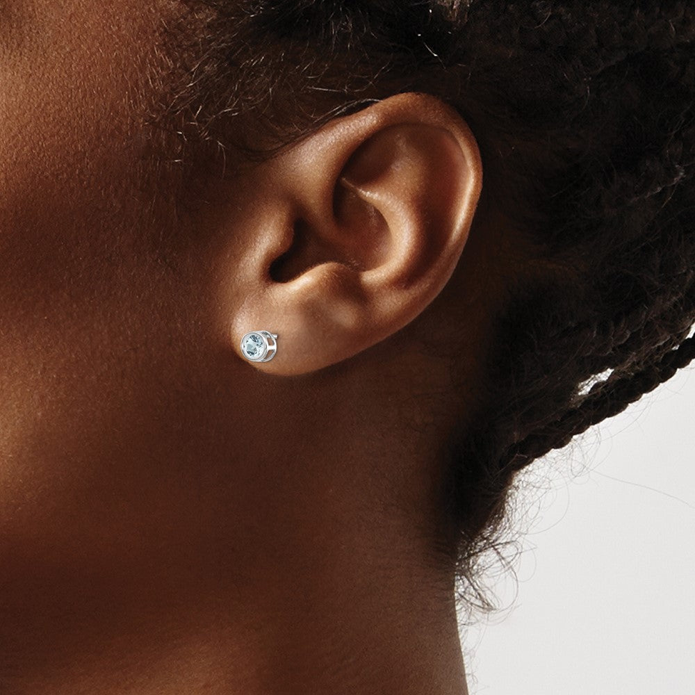14k White Gold 4mm Round Bezel March/Aquamarine Post Earrings