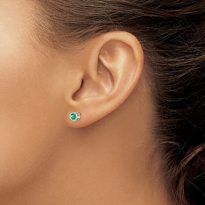 14k White Gold 4mm Round Bezel May/Emerald Post Earrings