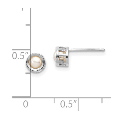 14k White Gold 4mm Round Bezel June/Freshwater Cultured Pearl Post Earrings