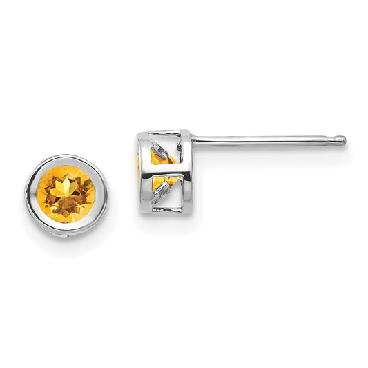 14k White Gold 4mm Round Bezel November/Citrine Post Earrings
